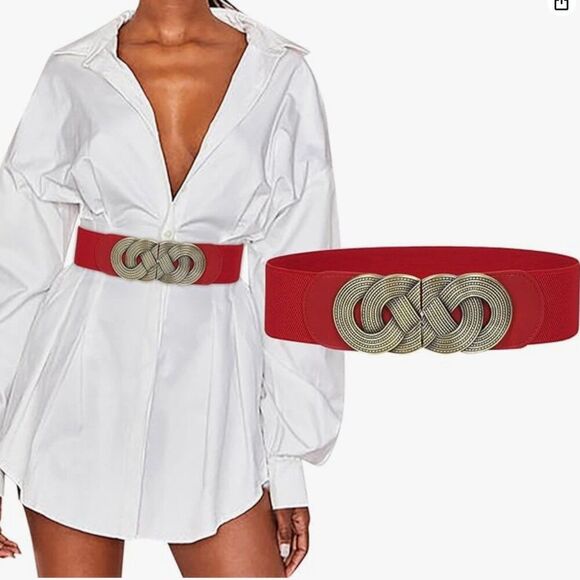 Red Stretch Waist Belt with Ornate Bronze Detail - Picture 1 of 3